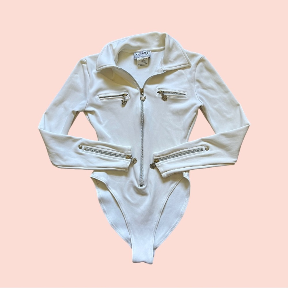 Versace VINTAGE PLUNGING NECKLINE MEDUSA EMBELLISHED BODYSUIT SZ MEDIUM